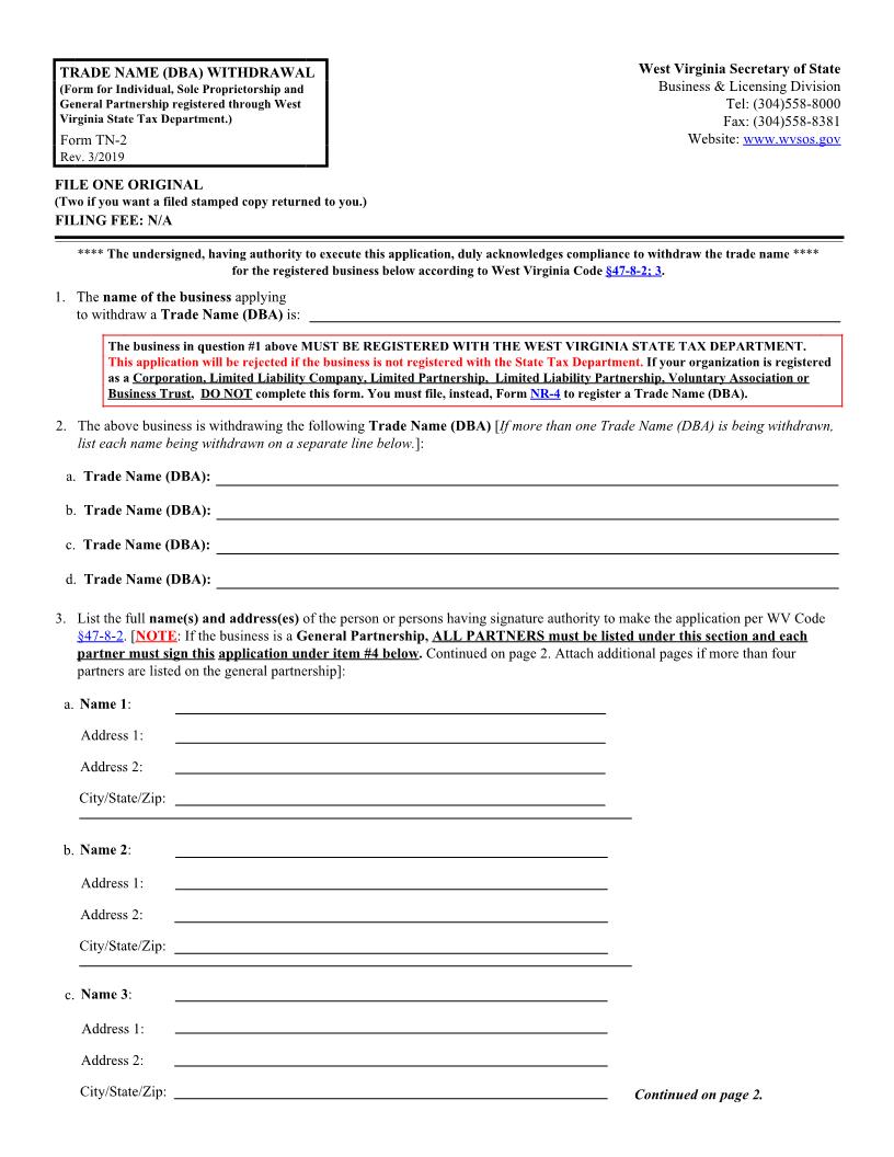 Trade Name (DBA) Withdrawal (Individual Sole Proprietorship General Partnership) {TN-2} | Pdf Fpdf Docx | West Virginia