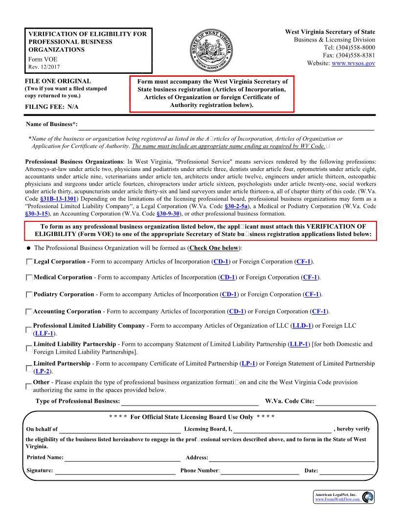 Verification Of Eligibility (For Professional Business Organizations) {VOE} | Pdf Fpdf Docx | West Virginia