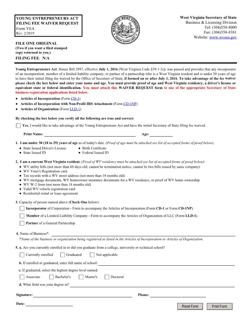 Young Entrepreneurs Act Filing Fee Waiver Request {YEA} | Pdf Fpdf Docx | West Virginia