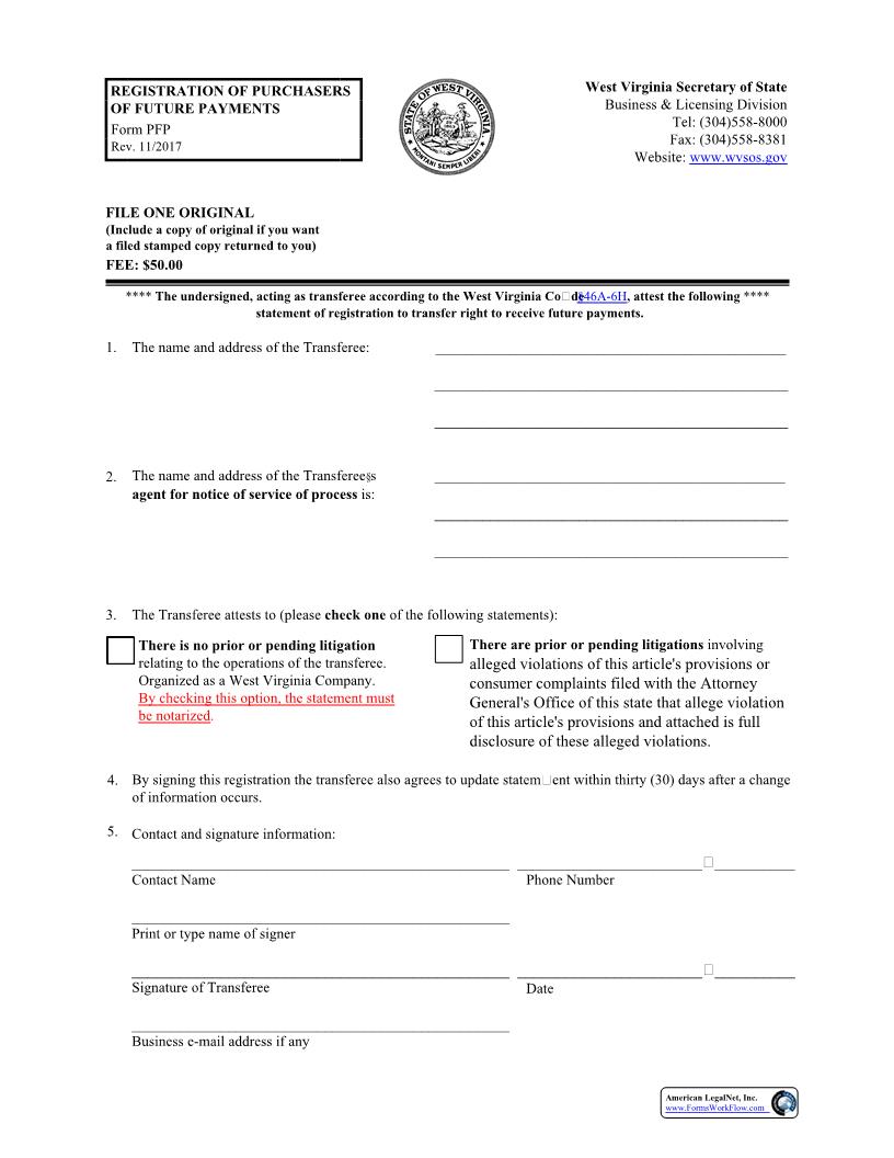 Registration Of Purchasers Of Future Payments {PFP} | Pdf Fpdf Docx | West Virginia