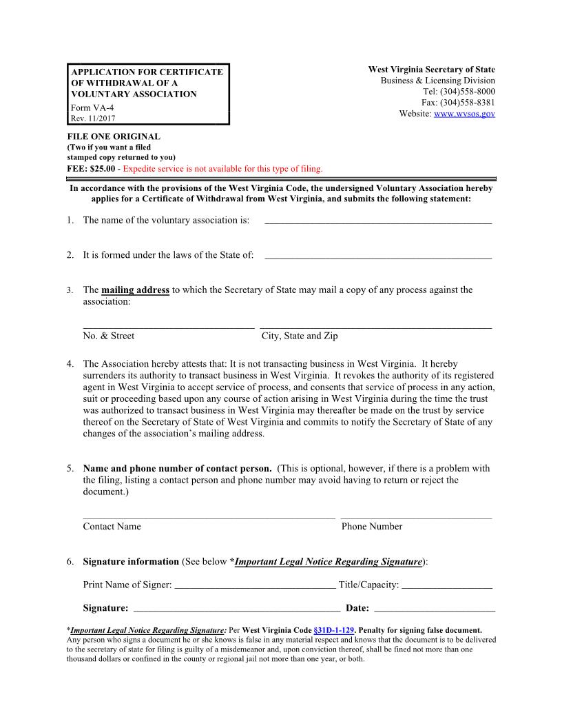 Application For Certificate Of Withdrawal Of A Voluntary Association (Foreign) {VA-4} | Pdf Fpdf Docx | West Virginia