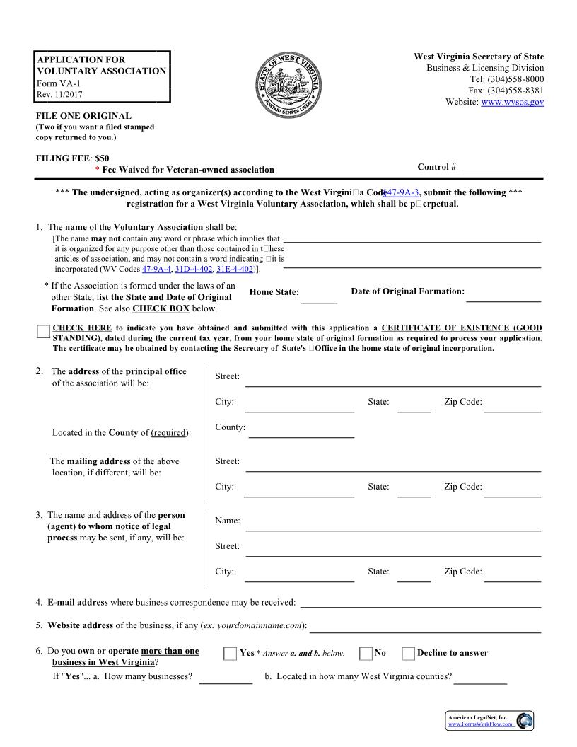 Application For Voluntary Association {VA-1} | Pdf Fpdf Docx | West Virginia