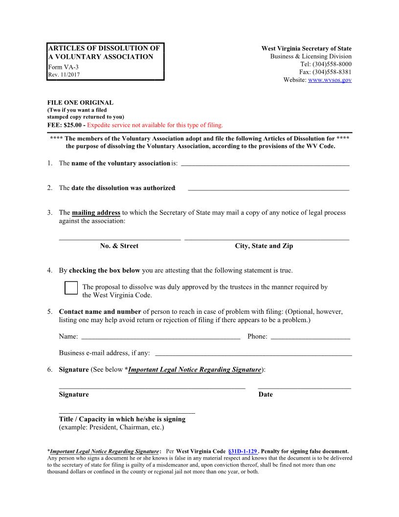 Articles Of Dissolution Of A Voluntary Association (Domestic) {VA-3} | Pdf Fpdf Docx | West Virginia