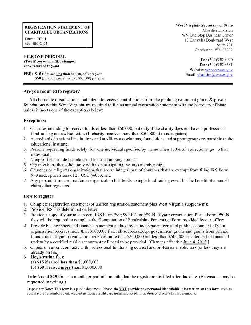 Registration Statement Of Charitable Organizations {CHR-1} | Pdf Fpdf Docx | West Virginia