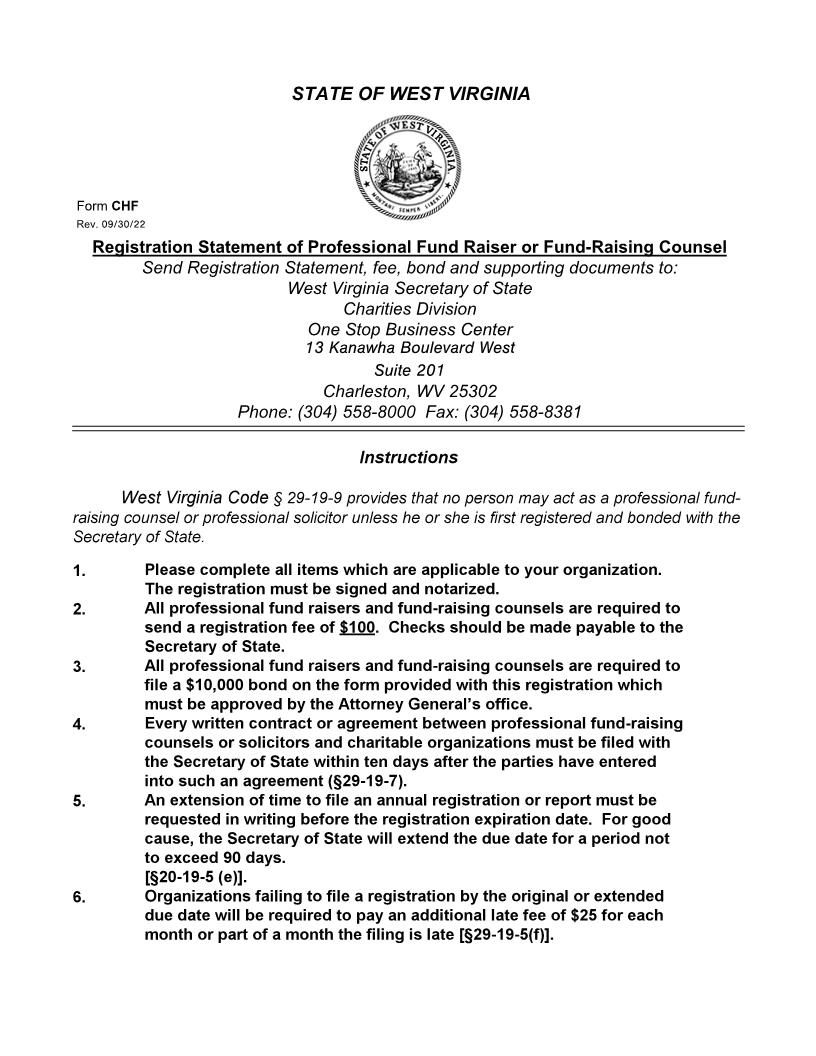 Registration Statement Of Professional Fundraiser Or Fundraising Counsel {CHF} | Pdf Fpdf Doc Docx | West Virginia