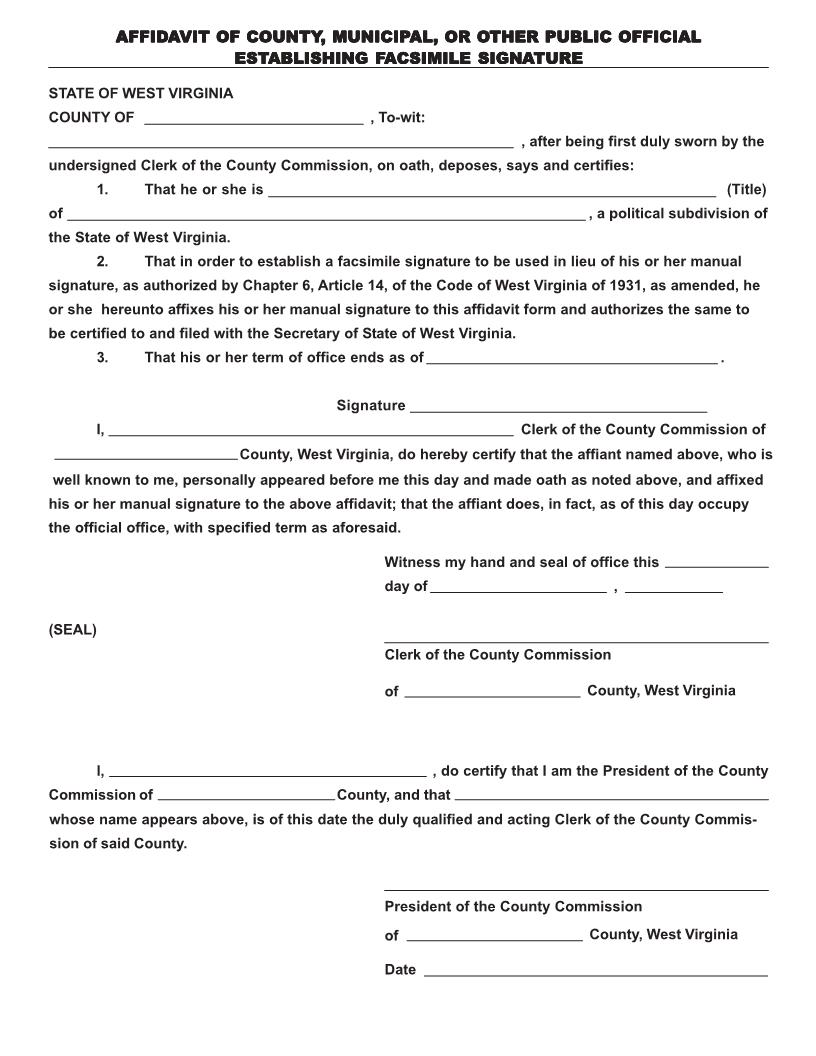 Affidavit Of County Municipal Or Other Public Official Establishing Facsimile Signature | Pdf Fpdf Doc Docx | West Virginia