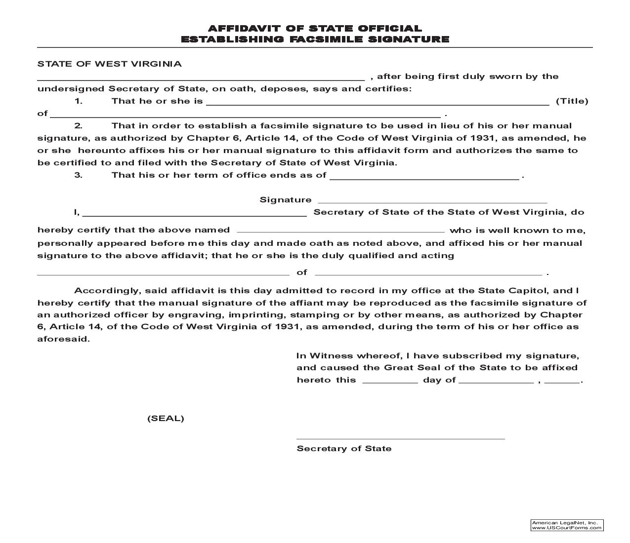 Affidavit Of State Official Establishing Facsimile Signature | Pdf Fpdf Doc Docx | West Virginia