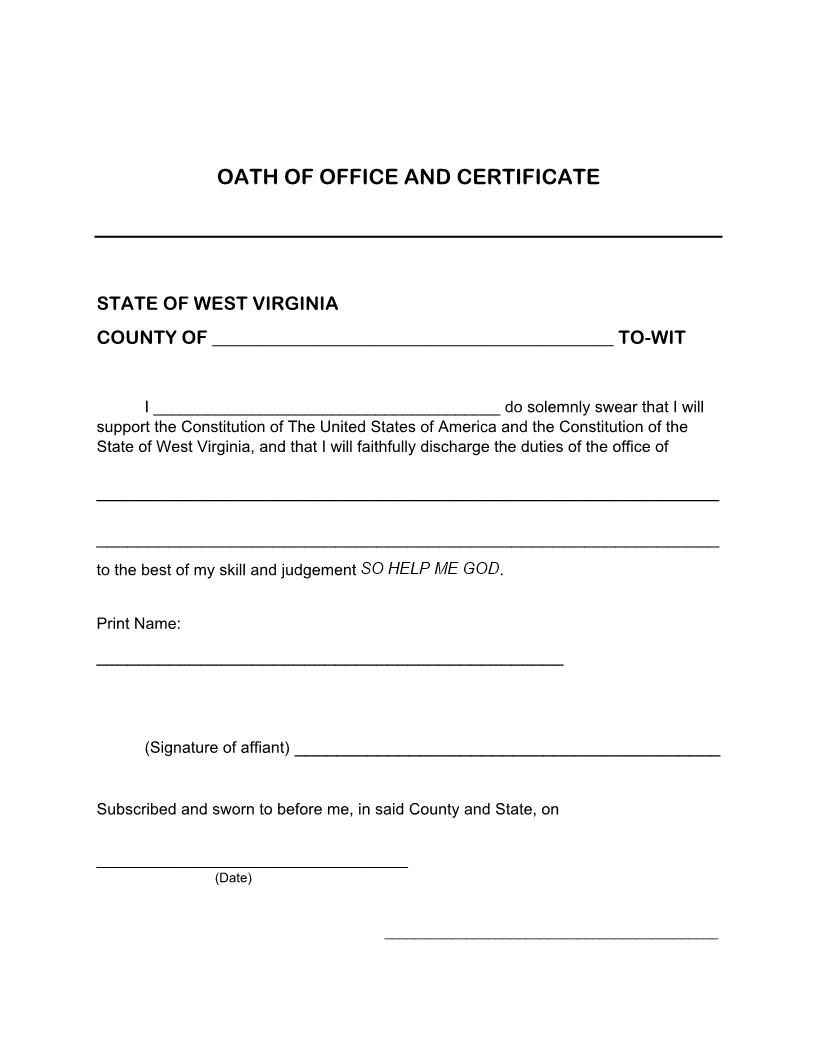 Oath Of Office And Certificate | Pdf Fpdf Doc Docx | West Virginia