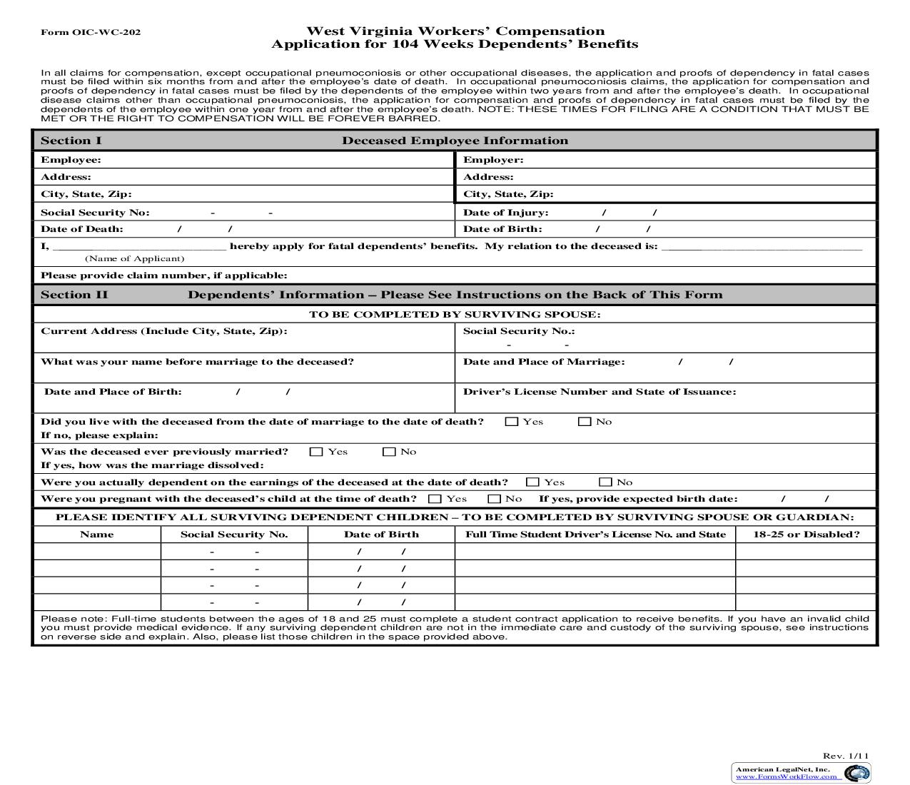 Application For 104 Weeks Dependents Benefits {OIC-WC-202} | Pdf Fpdf Doc Docx | West Virginia