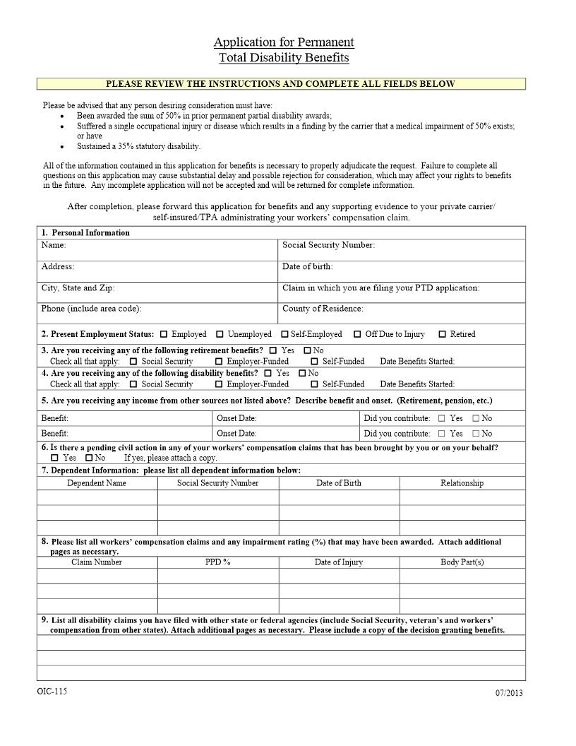 Application For PTD Benefits {OIC-115} | Pdf Fpdf Docx | West Virginia