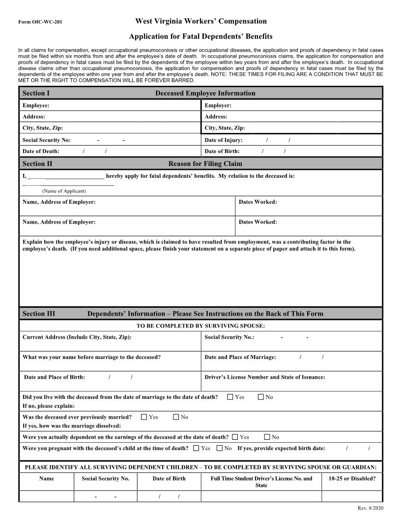 Application for Fatal Dependents Benefits {OIC-WC-201} | Pdf Fpdf Doc Docx | West Virginia