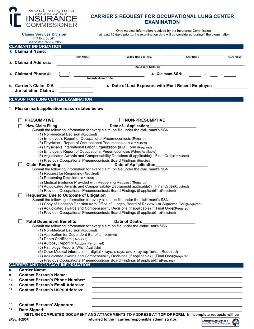 Carrier Request For Occupational Lung Center Examination | Pdf Fpdf Docx | West Virginia