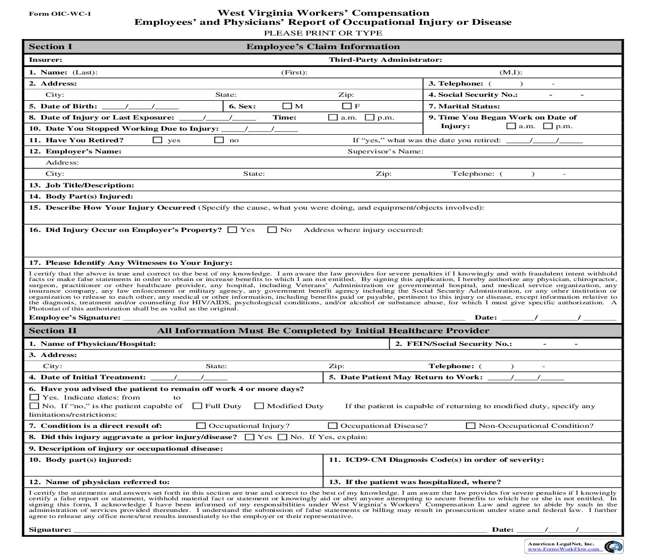 Employees And Physicians Report Of Occupational Injury Or Disease {OIC-WC-1} | Pdf Fpdf Doc Docx | West Virginia