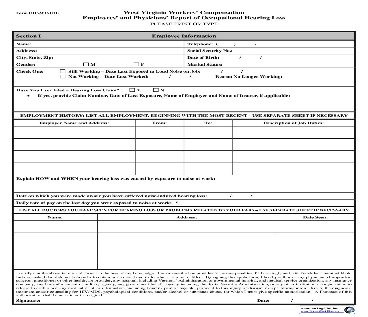 Employees And Physicians Report of Occupational Hearing Loss {OIC-WC-1HL} | Pdf Fpdf Doc Docx | West Virginia