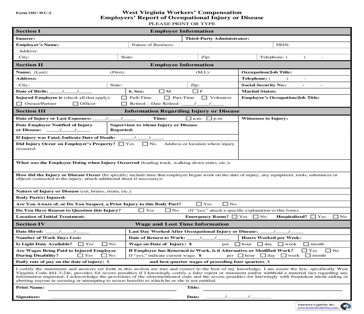Employers Report Of Occupational Injury Or Disease {OIC-WC-2} | Pdf Fpdf Doc Docx | West Virginia