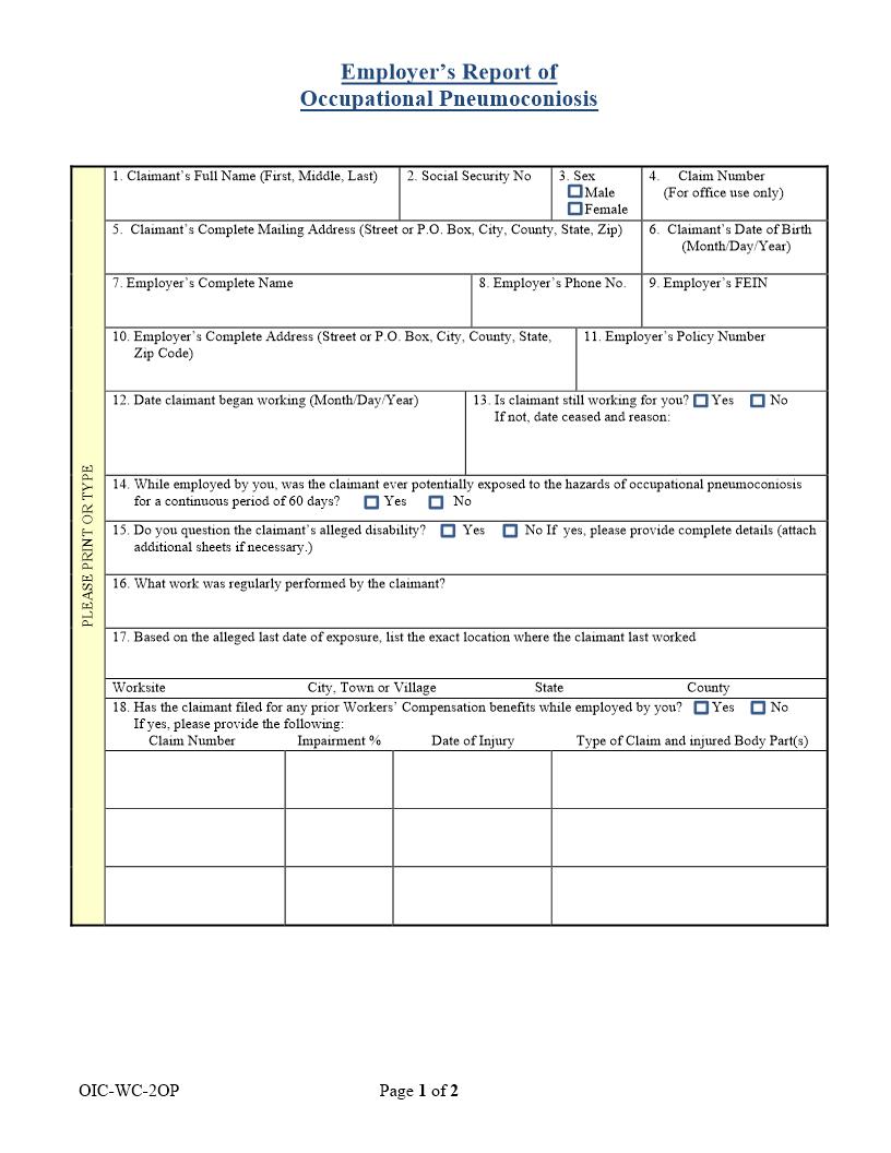 Employers Report Of Occupational Pneumoconiosis {OIC-WC-2OP} | Pdf Fpdf Docx | West Virginia