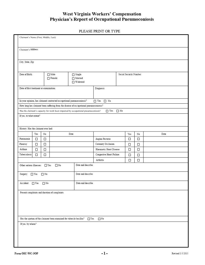Physicians Report Of Occupational Pneumoconiosis {OIC-WC-30P} | Pdf Fpdf Docx | West Virginia