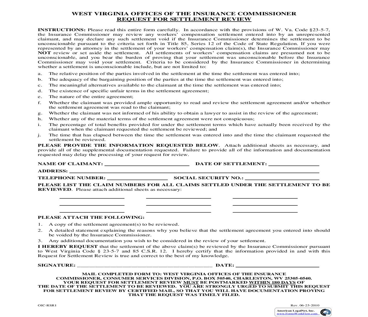 Request For Settlement Review {OIC-RSR1} | Pdf Fpdf Doc Docx | West Virginia