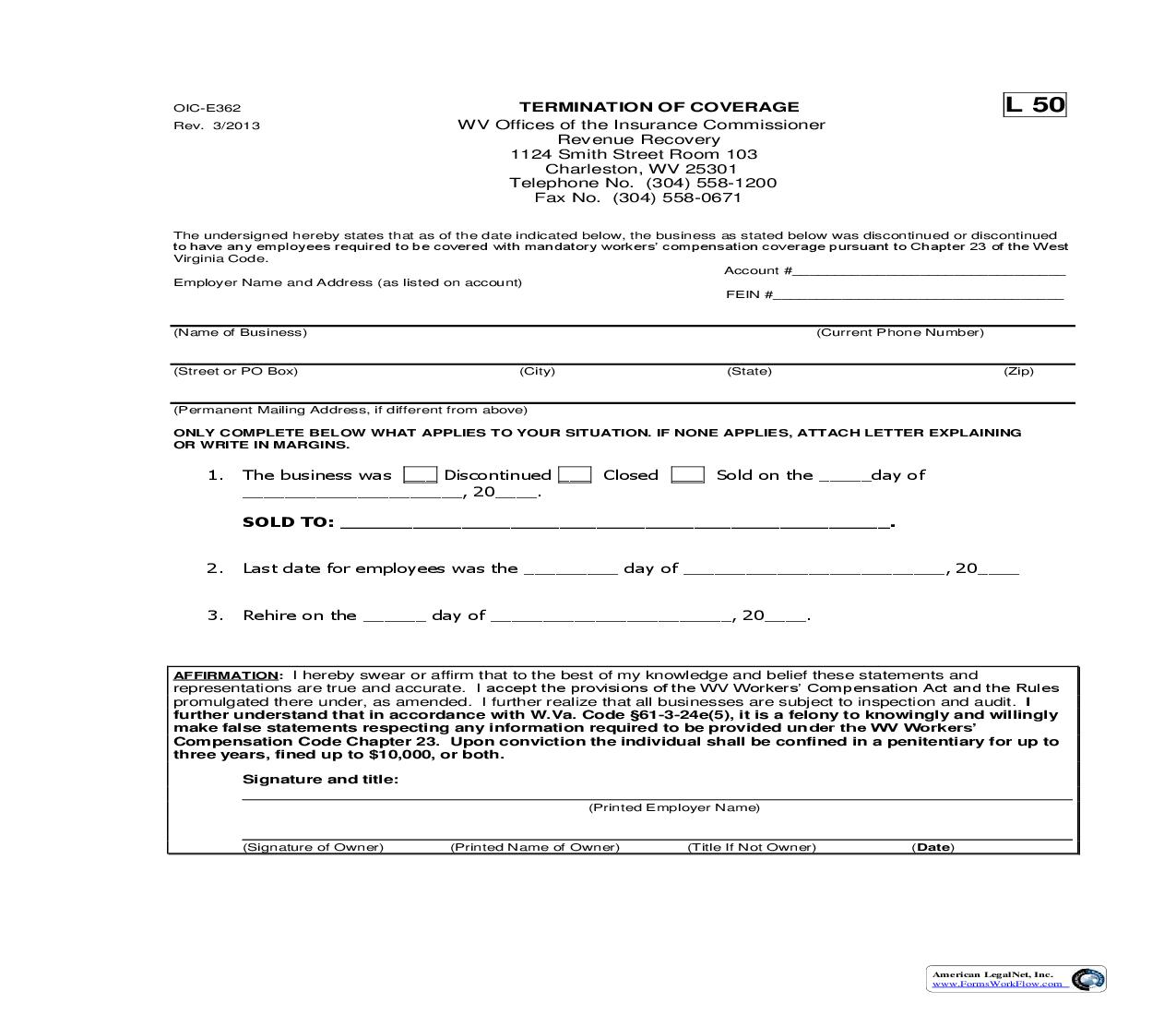 Termination Of Coverage {OIC-E362} | Pdf Fpdf Doc Docx | West Virginia