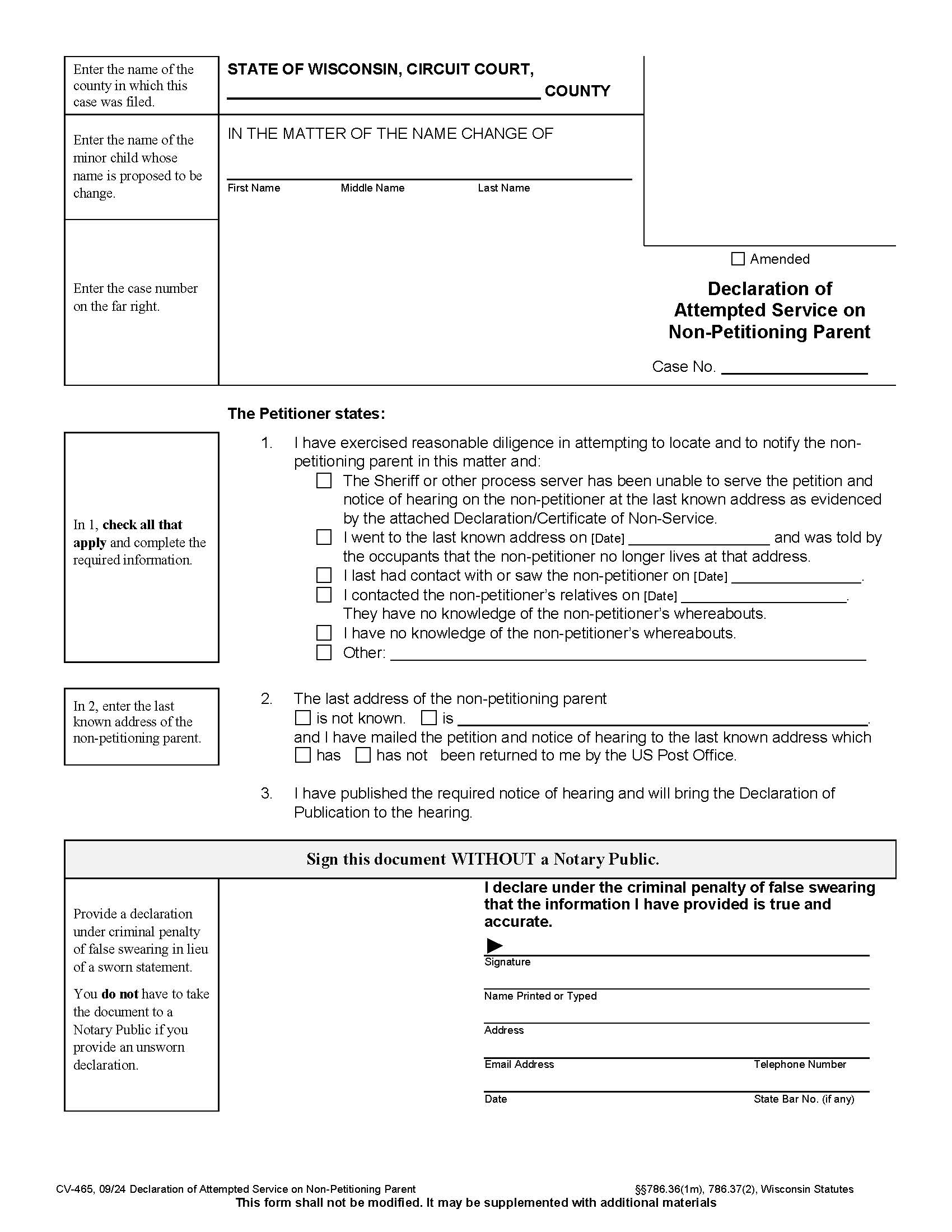 Affidavit Of Attempted Service On Non-Petitioning Parent {CV-465} | Pdf Fpdf Docx | Wisconsin