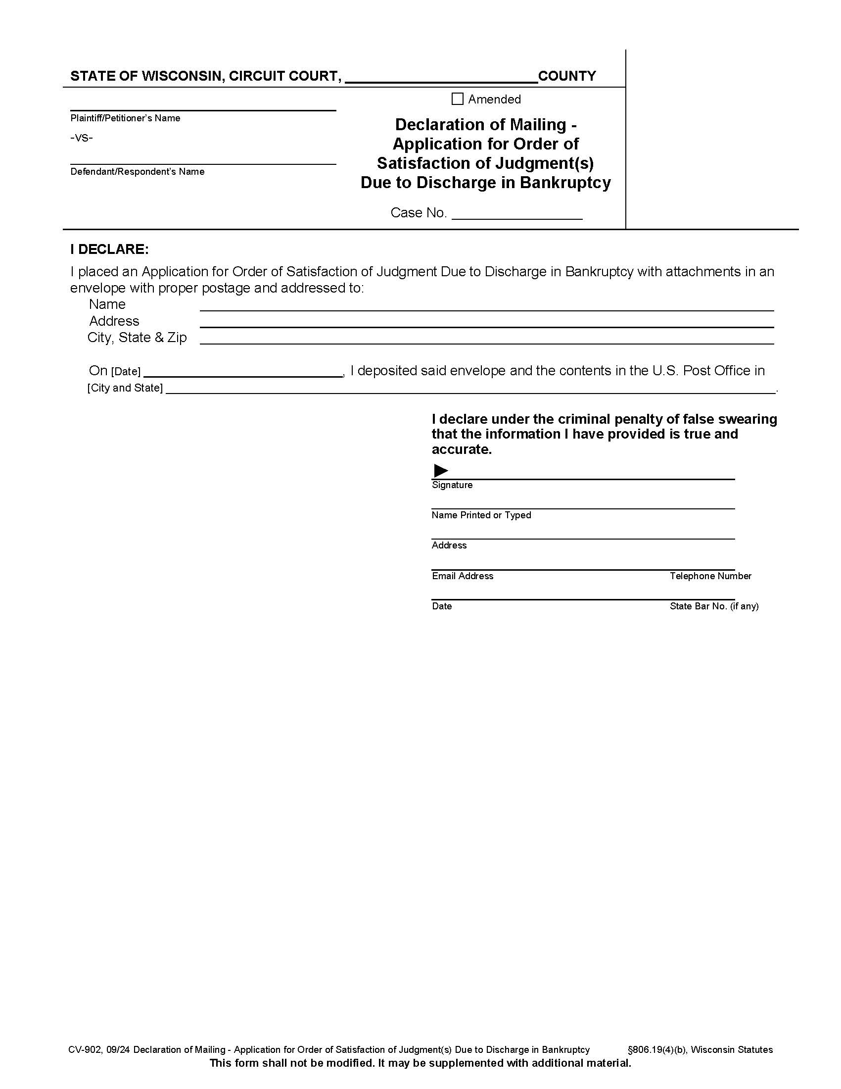 Affidavit Of Mailing - Bankruptcy {CV-902} | Pdf Fpdf Docx | Wisconsin