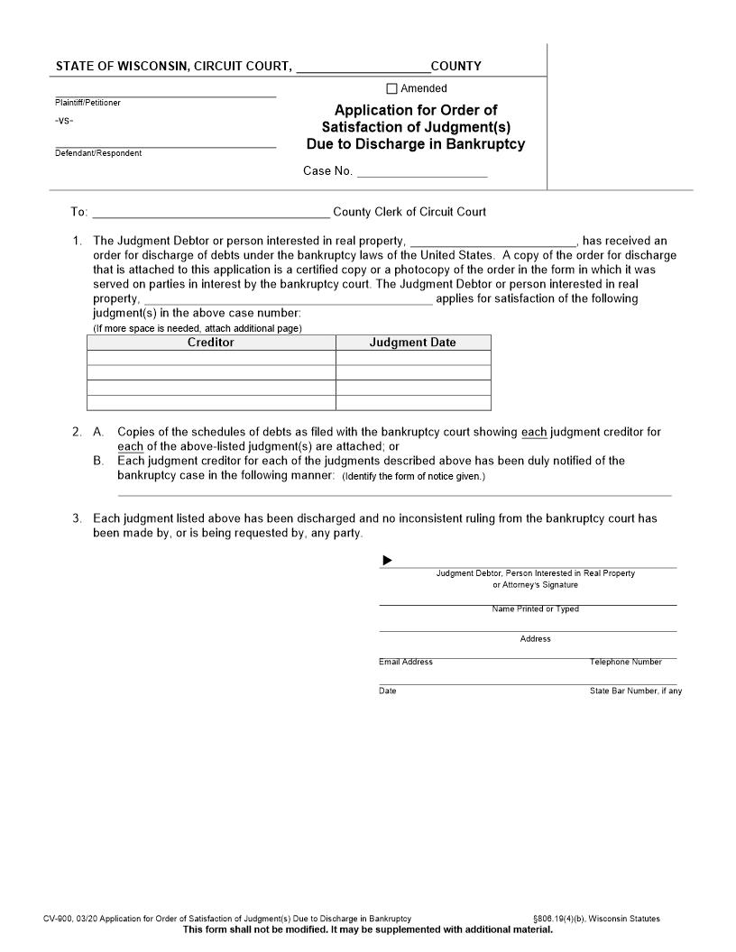 Application For Order Of Satisfaction Of Judgment(s) Due To Discharge In Bankruptcy {CV-900} | Pdf Fpdf Docx | Wisconsin