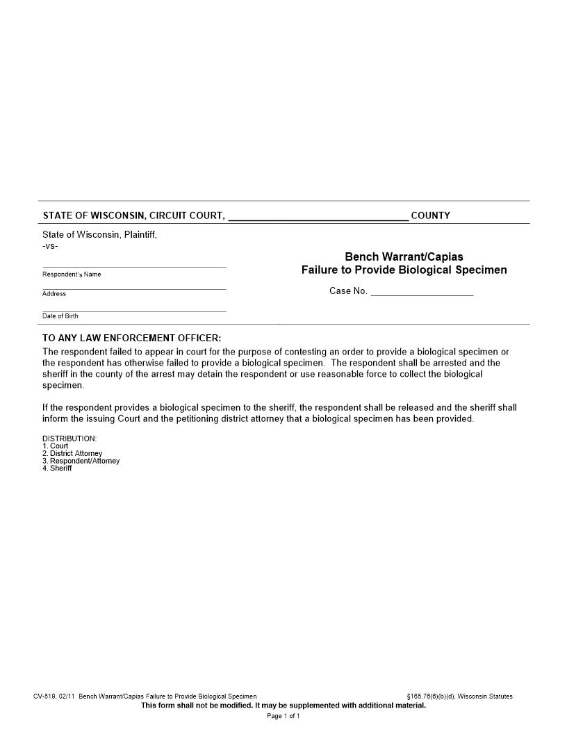 Bench Warrant - Capias Failure To Provide Biological Specimen {CV-519} | Pdf Fpdf Docx | Wisconsin