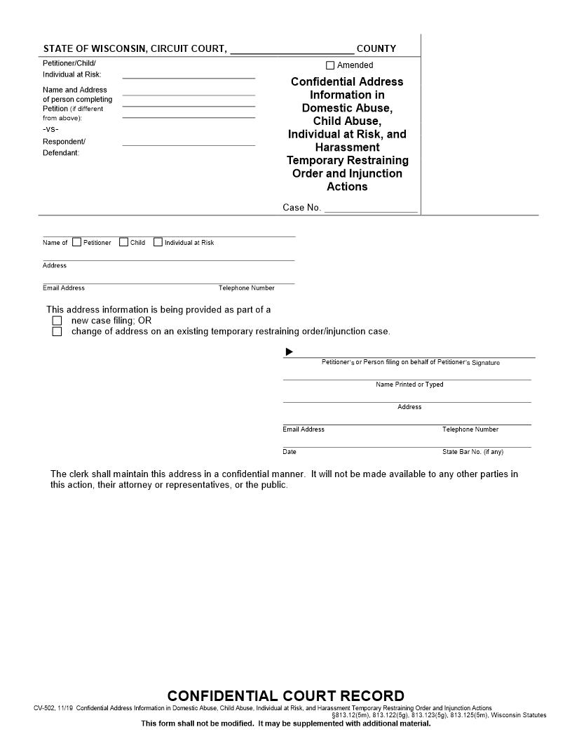 Confidential Address Information Domestic Abuse-Harassment-TRO And Injunction Actions {CV-502} | Pdf Fpdf Docx | Wisconsin