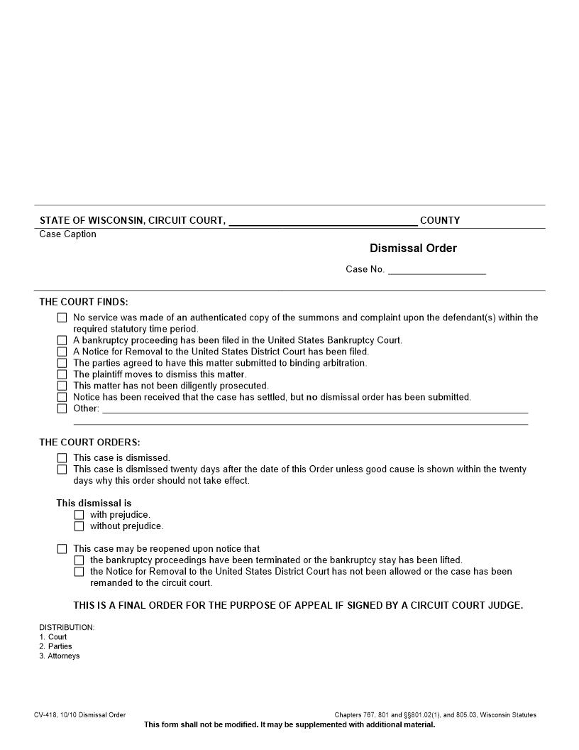 Dismissal Order {CV-418} | Pdf Fpdf Docx | Wisconsin