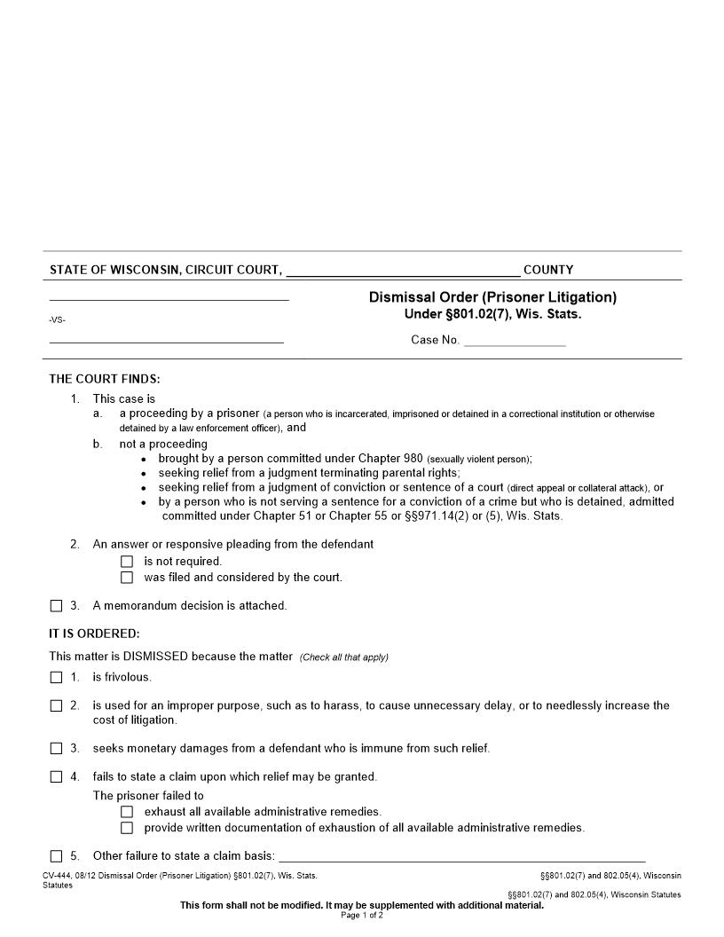 Dismissal Order Prisoner Litigation {CV-444} | Pdf Fpdf Docx | Wisconsin