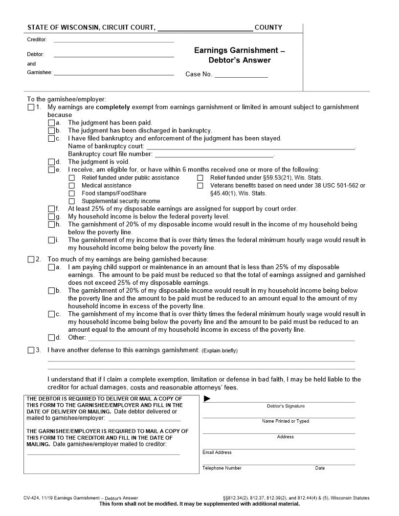 Earnings Garnishment - Debtors Answer {CV-424} | Pdf Fpdf Doc Docx | Wisconsin