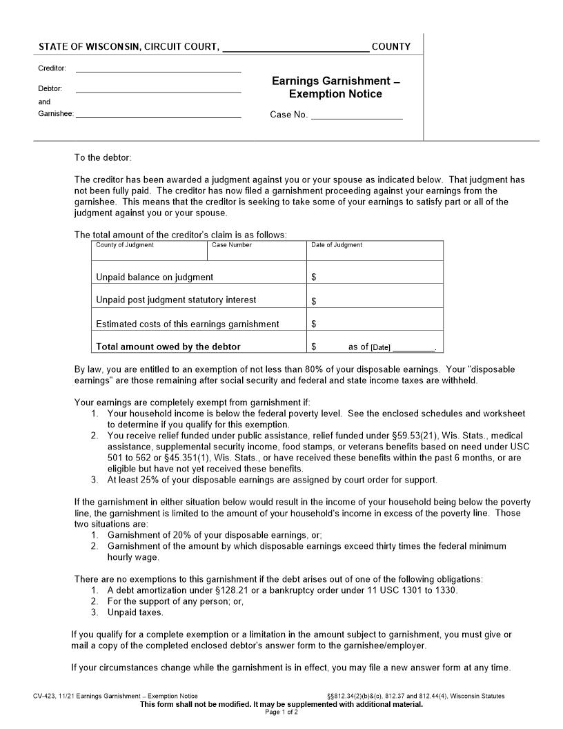 Earnings Garnishment Exemption Notice {CV-423} | Pdf Fpdf Docx | Wisconsin