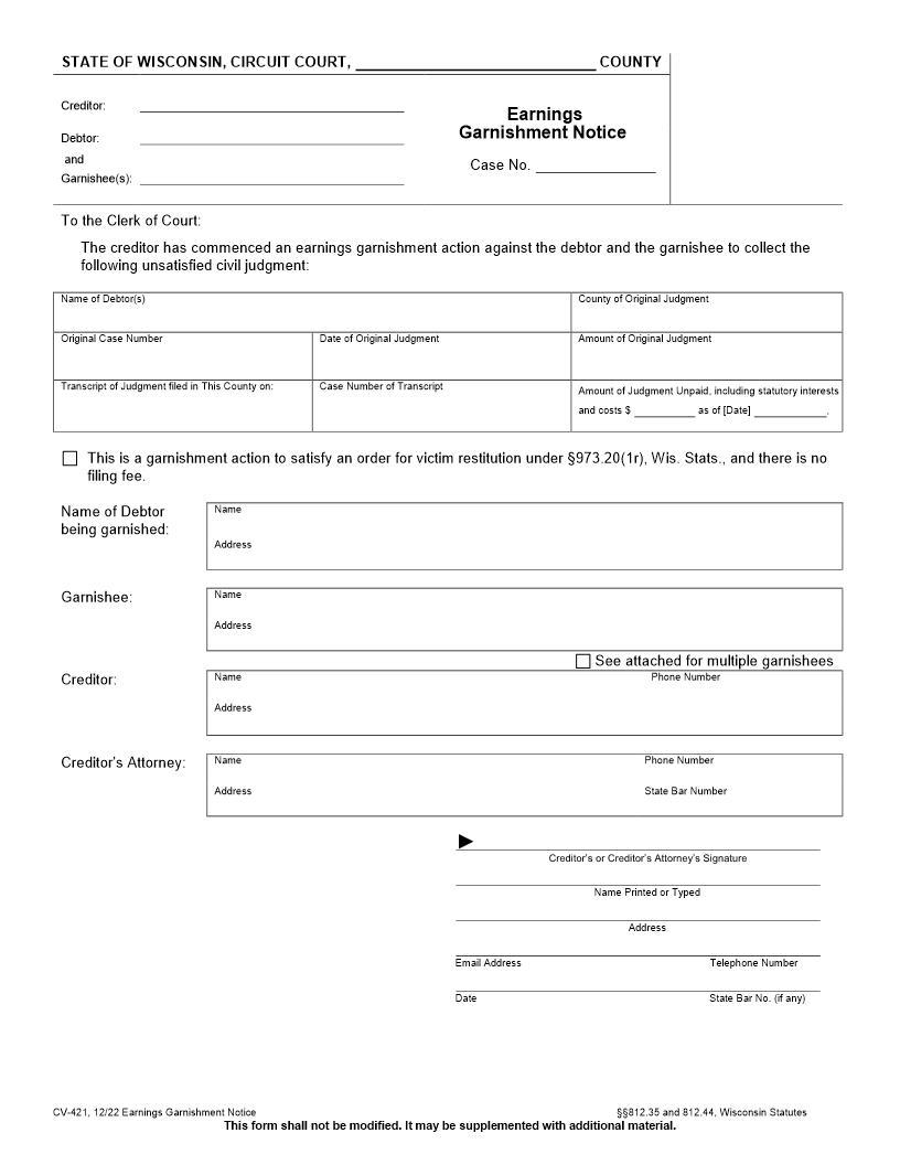 Earnings Garnishment Notice {CV-421} | Pdf Fpdf Docx | Wisconsin