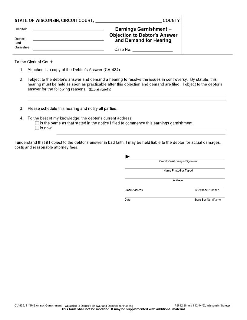 Earnings Garnishment Objection To Debtors Answer And Demand For Hearing {CV-425} | Pdf Fpdf Docx | Wisconsin