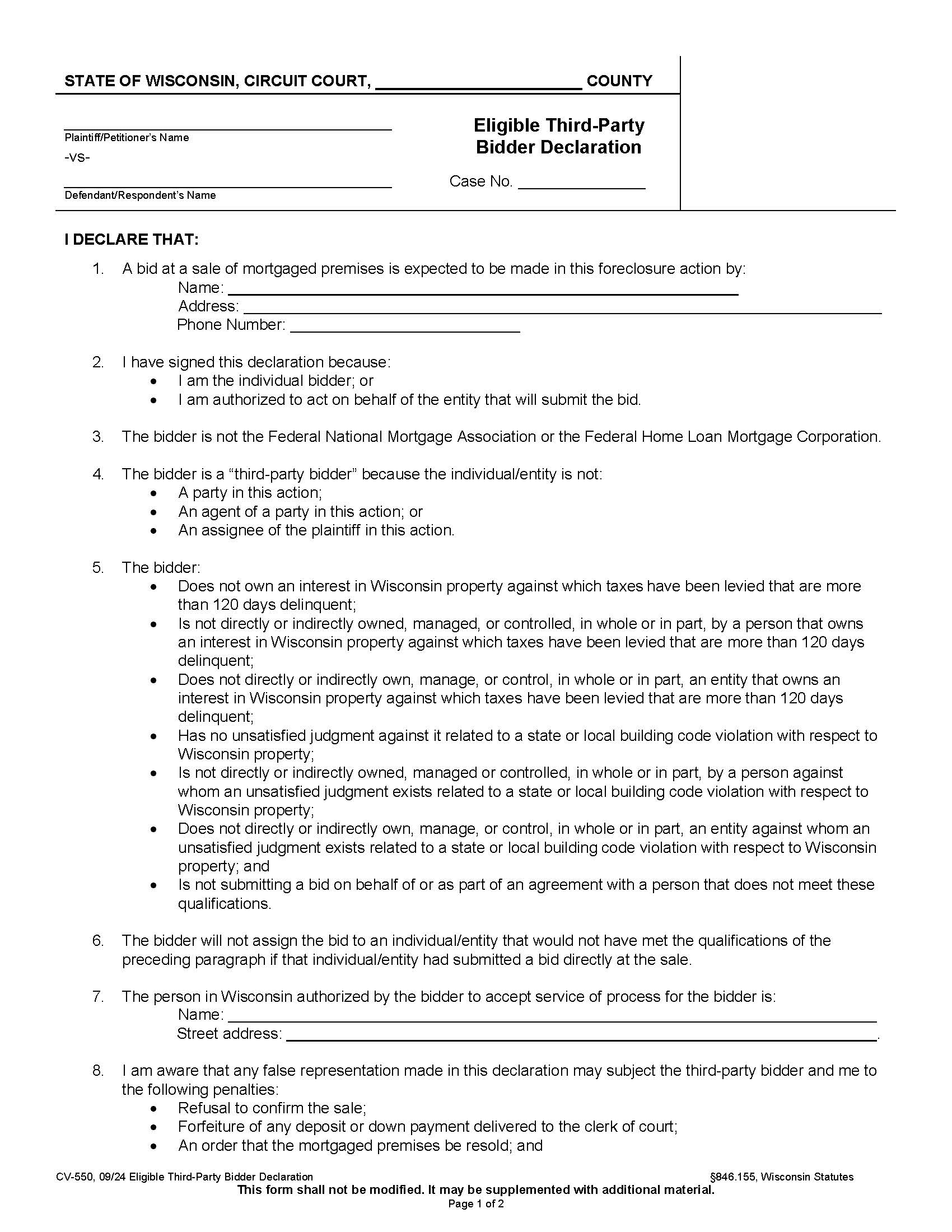 Eligible Thrid Party Bidder Affidavit {CV-550} | Pdf Fpdf Docx | Wisconsin