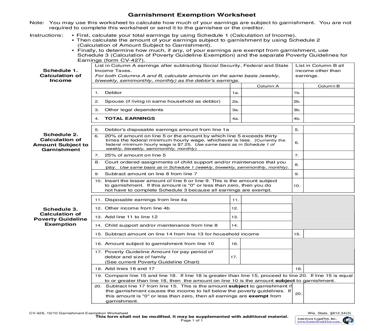 Garnishment Exemption Worksheet {CV-426} | Pdf Fpdf Doc Docx | Wisconsin