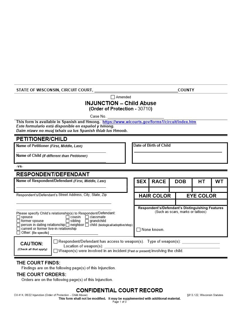 Injunction-Child Abuse (Order Of Protection) {CV-414} | Pdf Fpdf Docx | Wisconsin