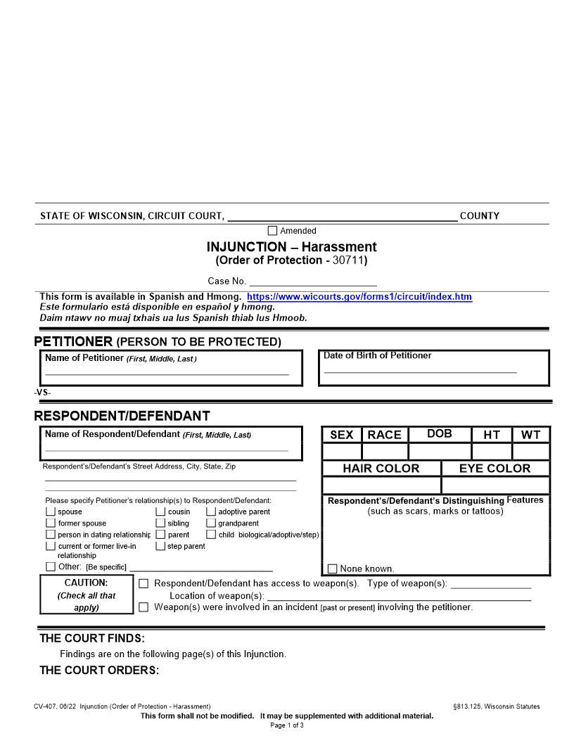 Injunction-Harassment (Order Of Protection) {CV-407} | Pdf Fpdf Docx | Wisconsin