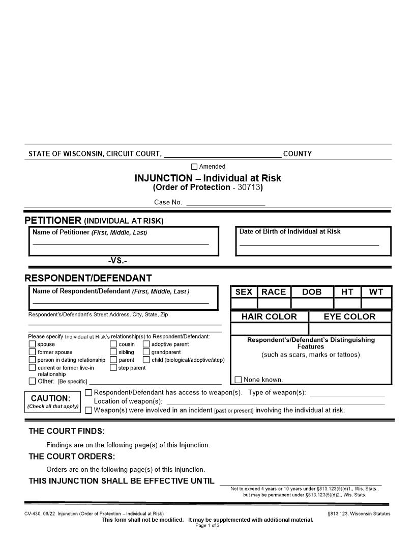 Injunction-Individual At Risk (Order Of Protection) {CV-430} | Pdf Fpdf Docx | Wisconsin