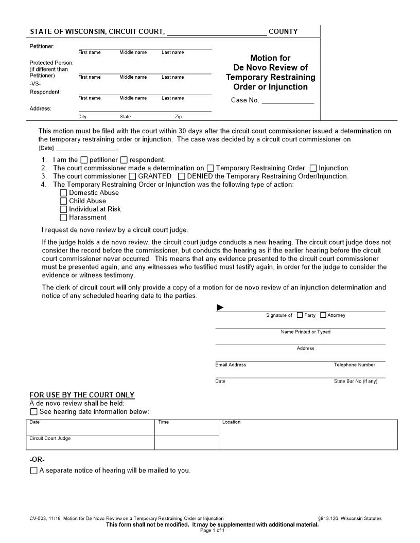 Motion For De Novo Hearing TRO Injunction {CV-503} | Pdf Fpdf Docx | Wisconsin