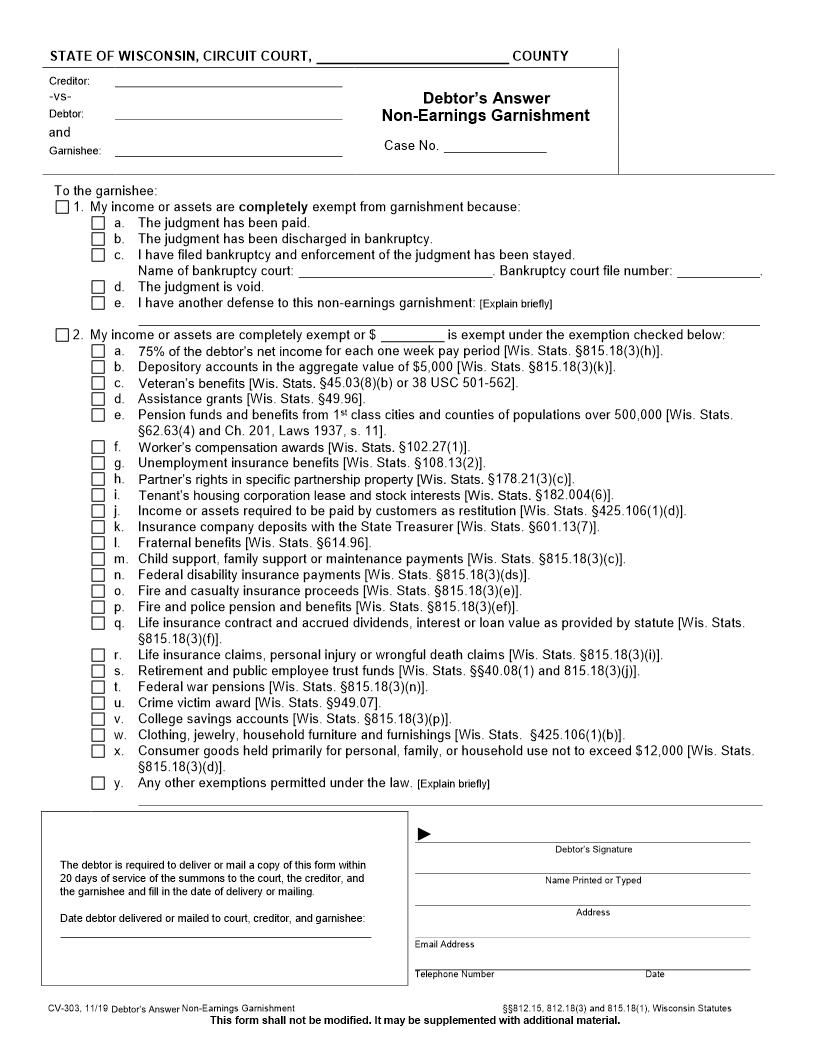 Non-Earnings Garnishment Debtors Answer {CV-303} | Pdf Fpdf Docx | Wisconsin