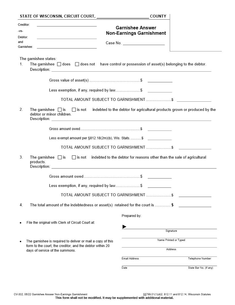 Non-Earnings Garnishment Garnishee Answer {CV-302} | Pdf Fpdf Docx | Wisconsin