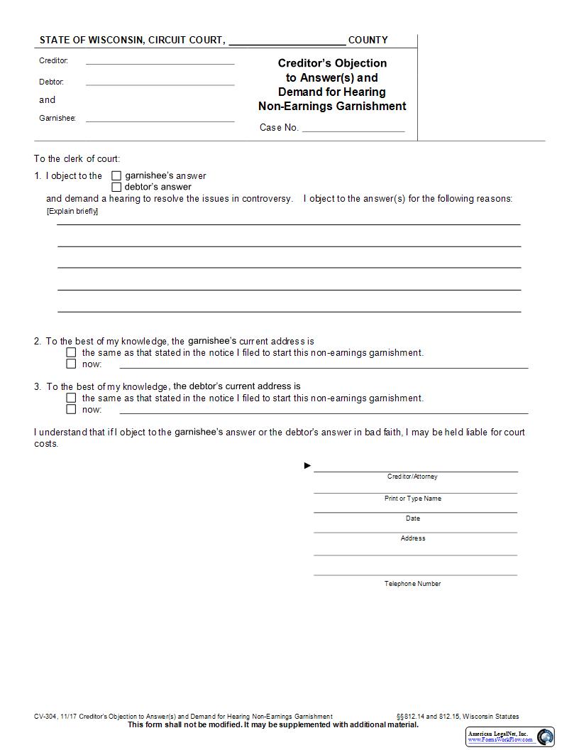 Non-Earnings Garnishment Objection To Answer(s) And Demand For Hearing {CV-304} | Pdf Fpdf Docx | Wisconsin