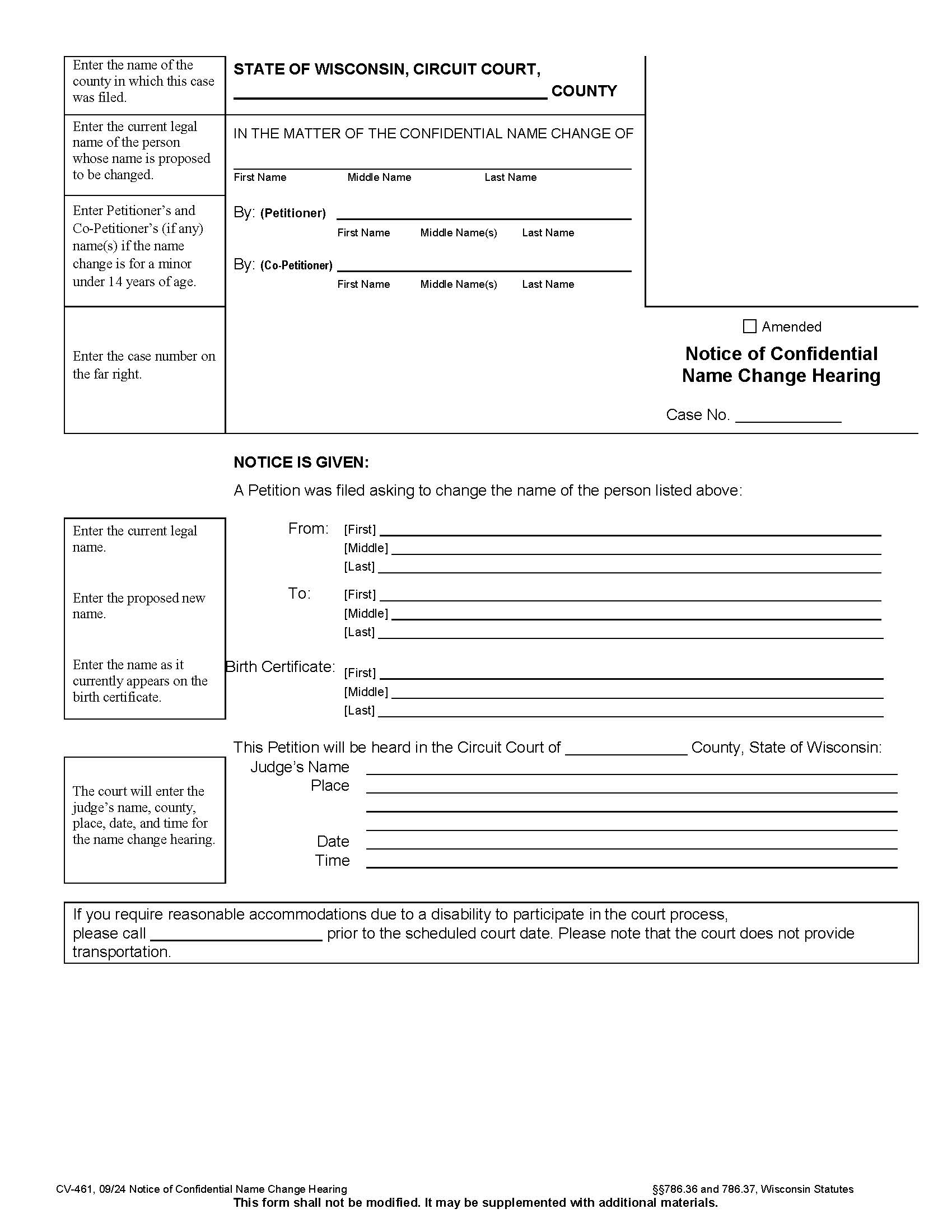 Notice And Order For Confidential Name Change Hearing {CV-461} | Pdf Fpdf Docx | Wisconsin