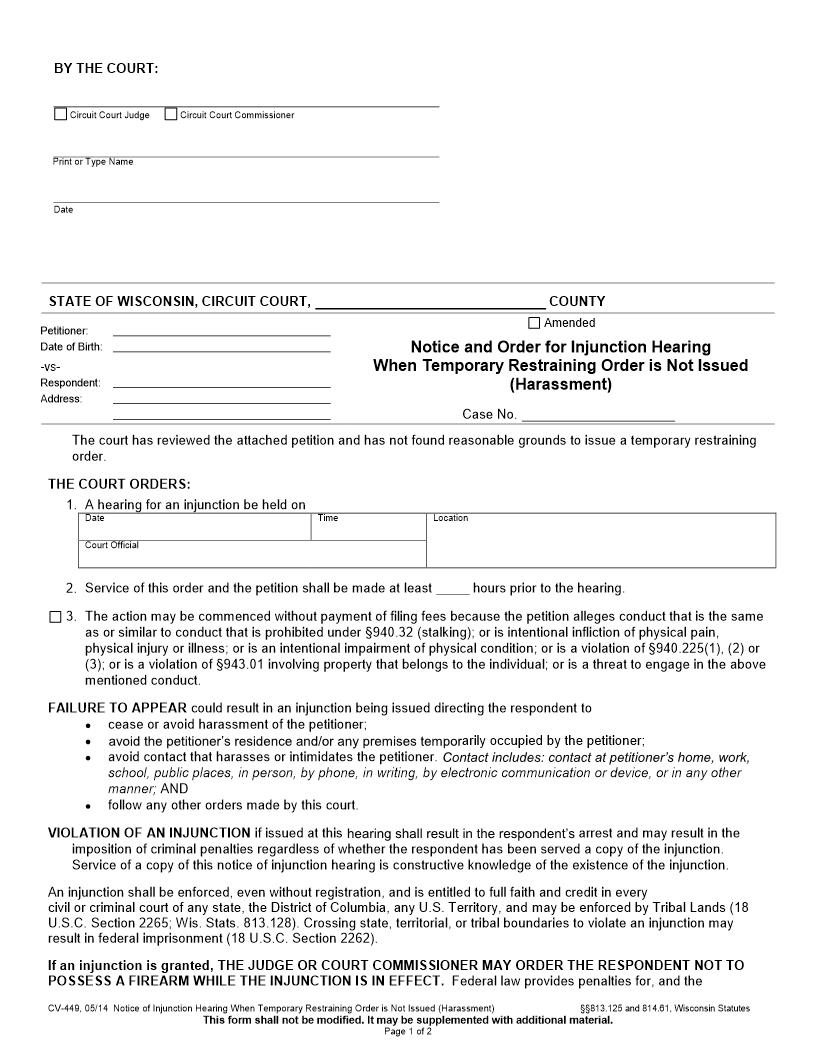 Notice And Order For Injunction Hearing-TRO Not Issued-Harassment {CV-449} | Pdf Fpdf Docx | Wisconsin