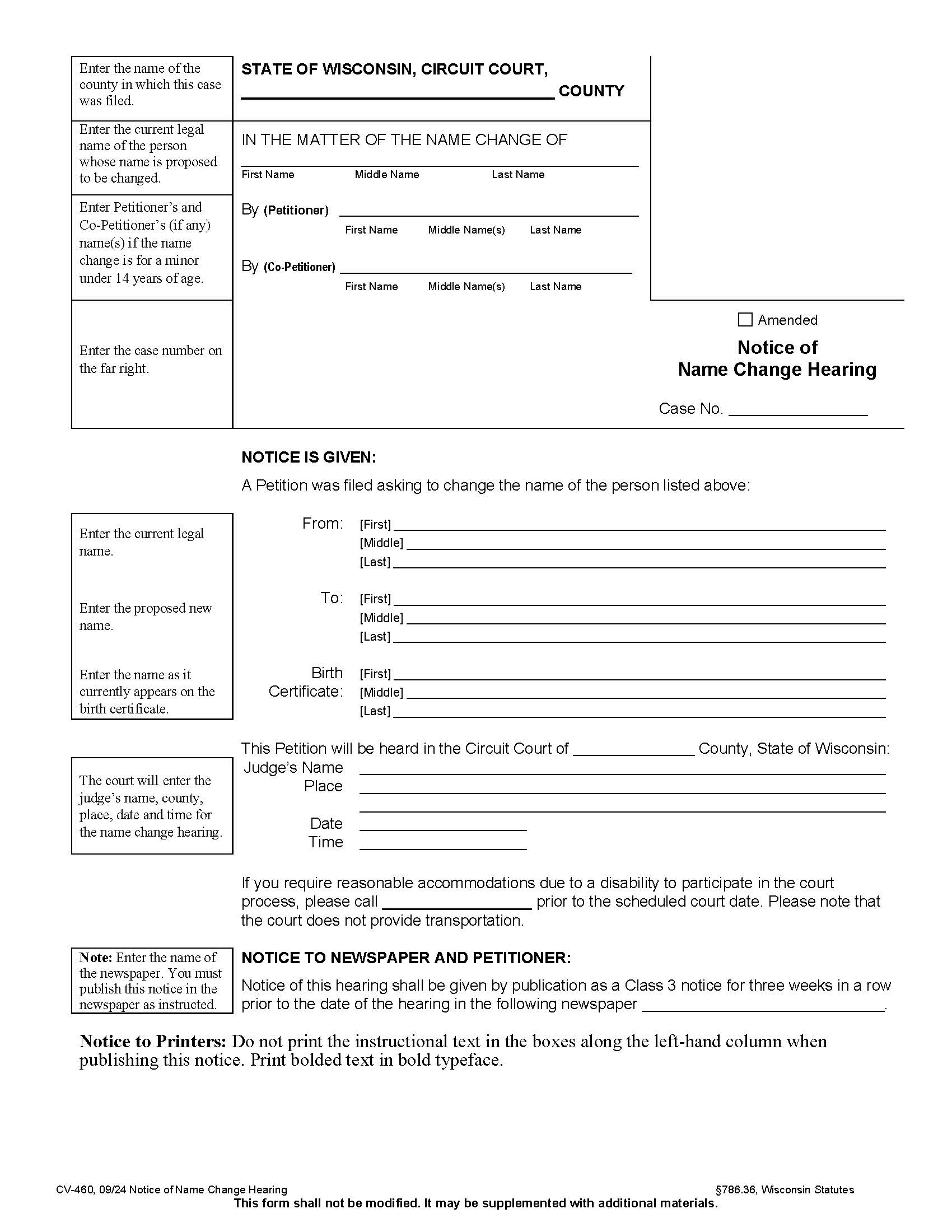 Notice And Order For Name Change Hearing {CV-460} | Pdf Fpdf Docx | Wisconsin