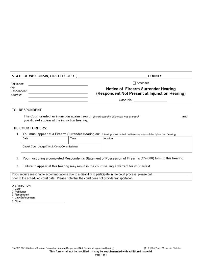 Notice Of Firearm Surrender Hearing {CV-802} | Pdf Fpdf Docx | Wisconsin