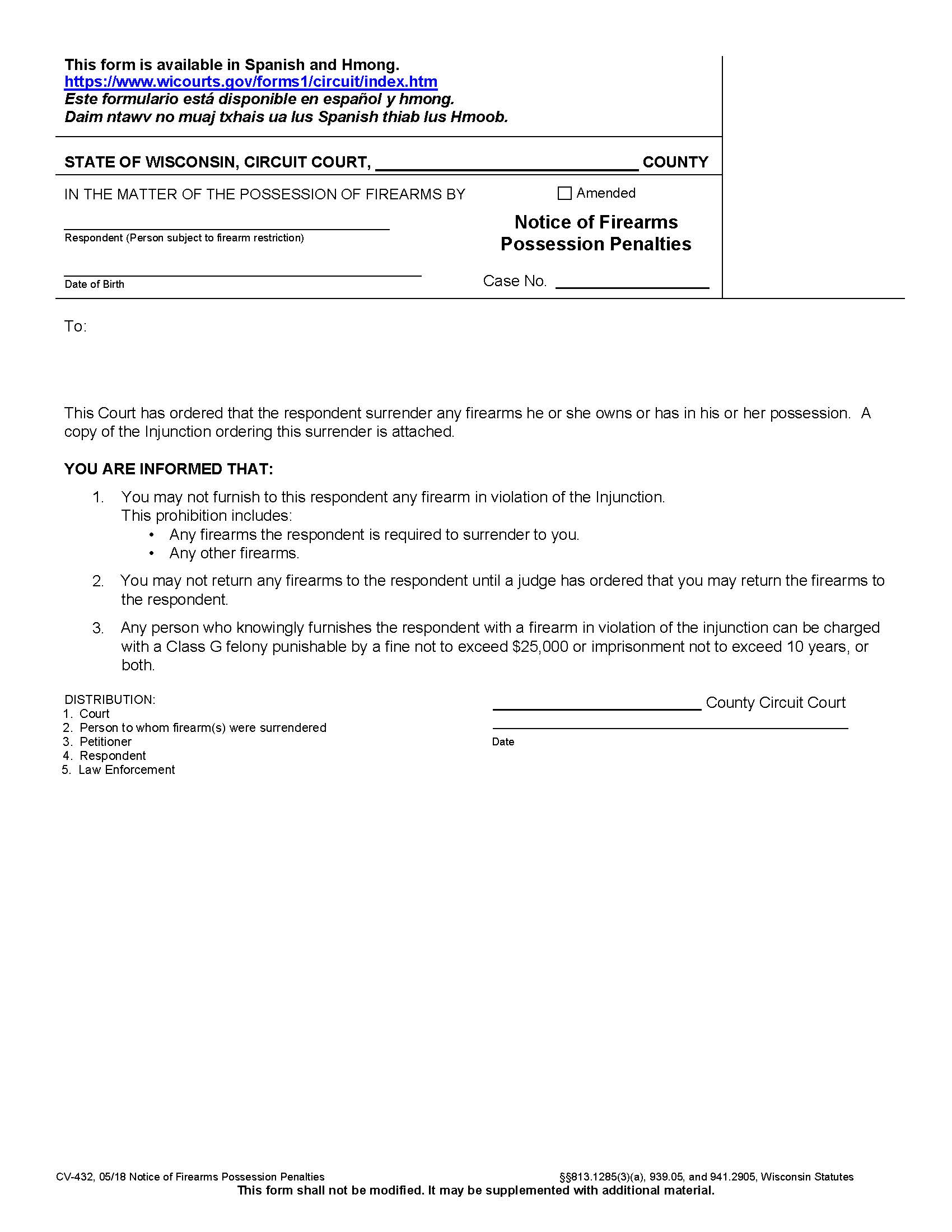 Notice Of Firearms Possession Penalties {CV-432} | Pdf Fpdf Docx | Wisconsin