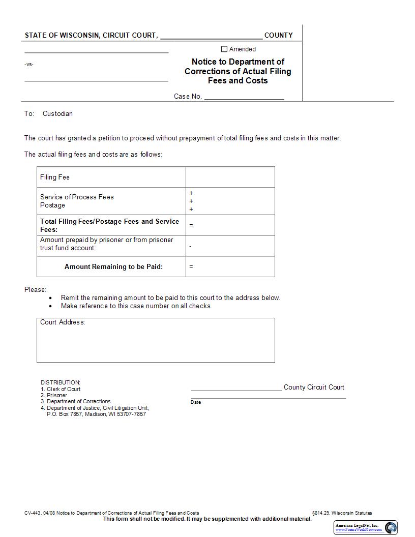 Notice To Department Of Corrections Of Actual Filing Fees And Costs {CV-443} | Pdf Fpdf Docx | Wisconsin