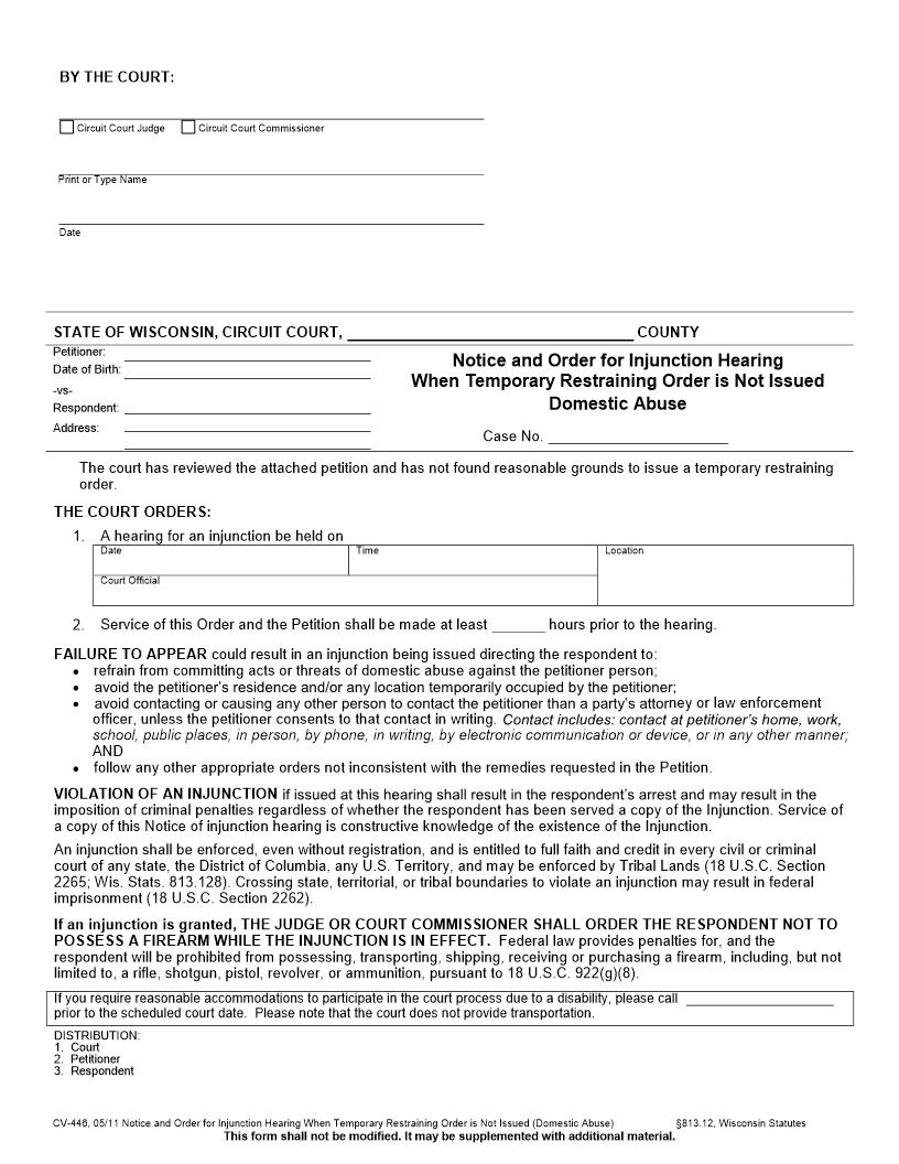 Notice-Order For Injunction Hearing When TRO Not Issued (Domestic Abuse) {CV-446} | Pdf Fpdf Docx | Wisconsin